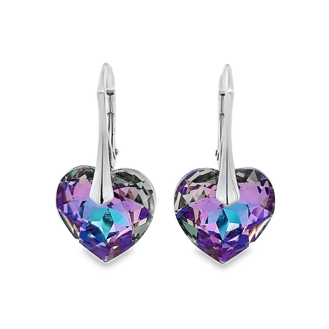  Silver Heart Drop Earrings with Vitrail Light Crystal by Magpie Gems in Ireland