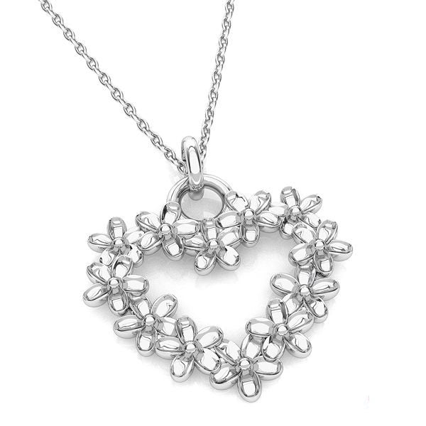 Irish Hand-Finished Sterling Silver Heart with Forget-Me-Not Flowers Necklace