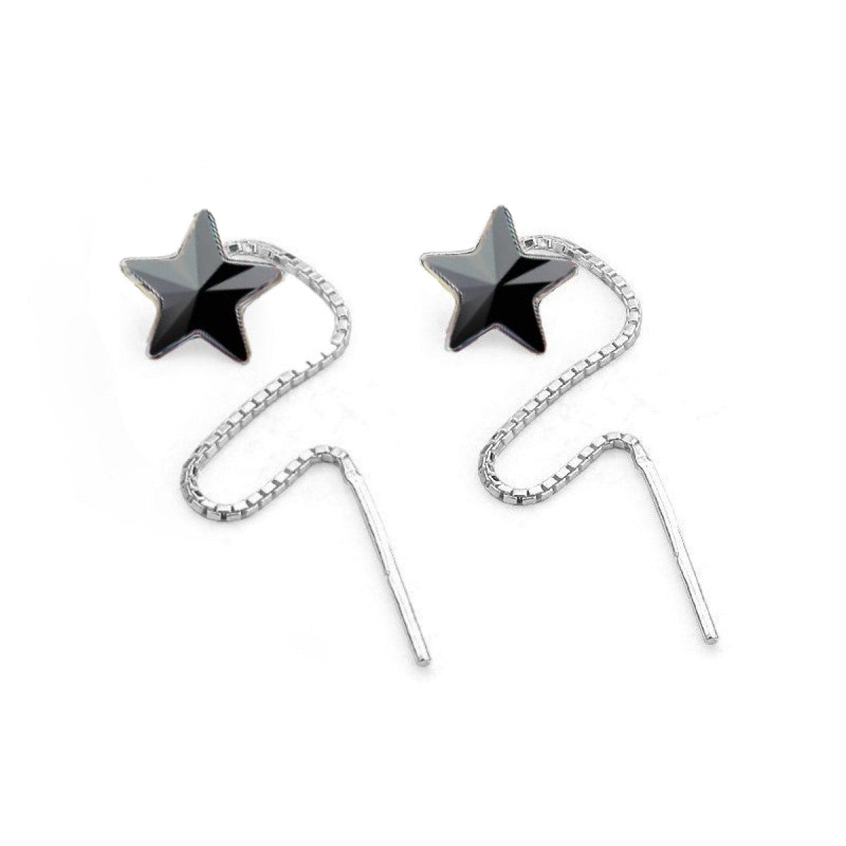 Jet Black Star Crystal Earrings with Chain Threader – 10mm Sterling Silver Star Earrings, Minimalist Dangle Earrings for Women