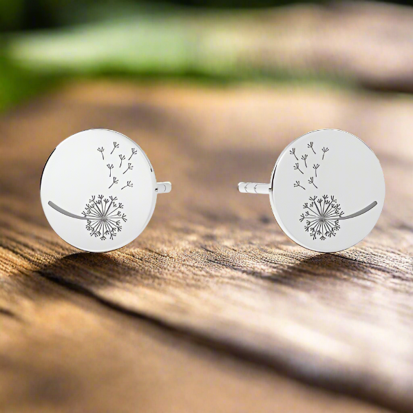 A pair of delicate silver stud earrings with engraved dandelions, for girls, teens and women, from Ireland