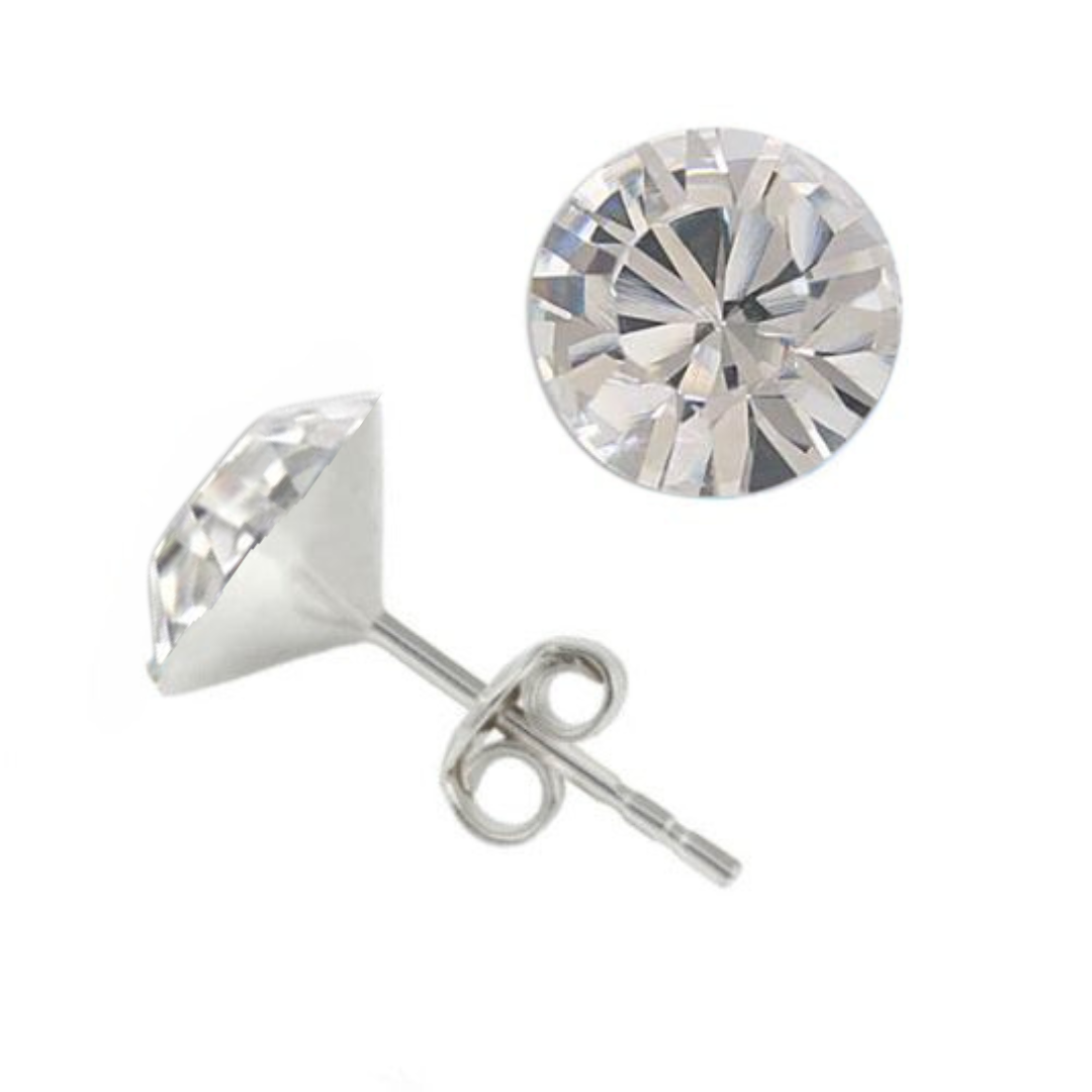 Silver Stud Earrings with 8mm Crystal Clear Diamond-Cut Chaton Crystals – Elegant Sterling Silver Earrings