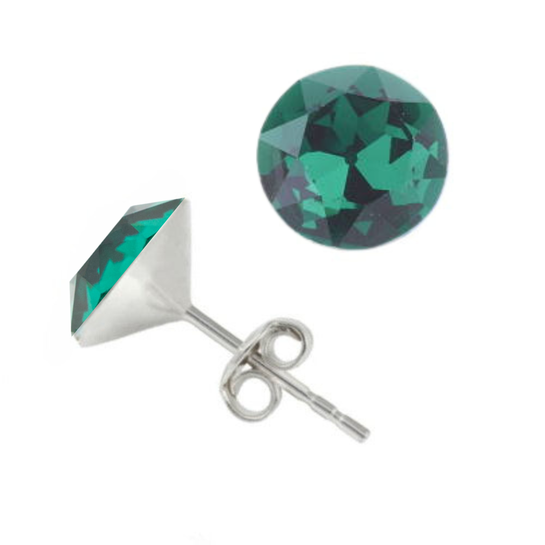 Silver Stud Earrings with 8mm Emerald Green Diamond-Cut Chaton Crystals – Classic Sterling Silver Earrings