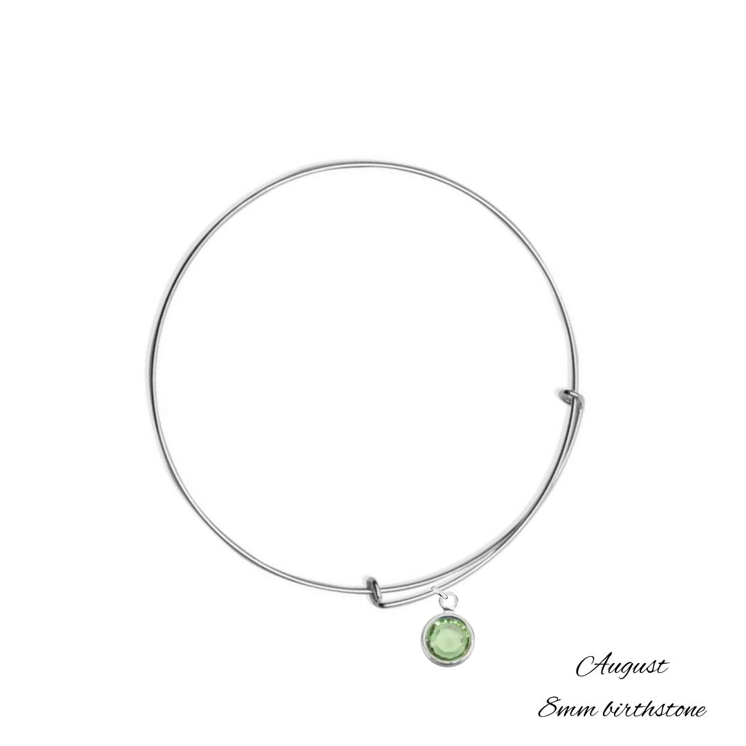 Sterling Silver Bangle Bracelet with August Peridot Birthstone Crystal, Handmade in Ireland with 8 mm birthstone crystal