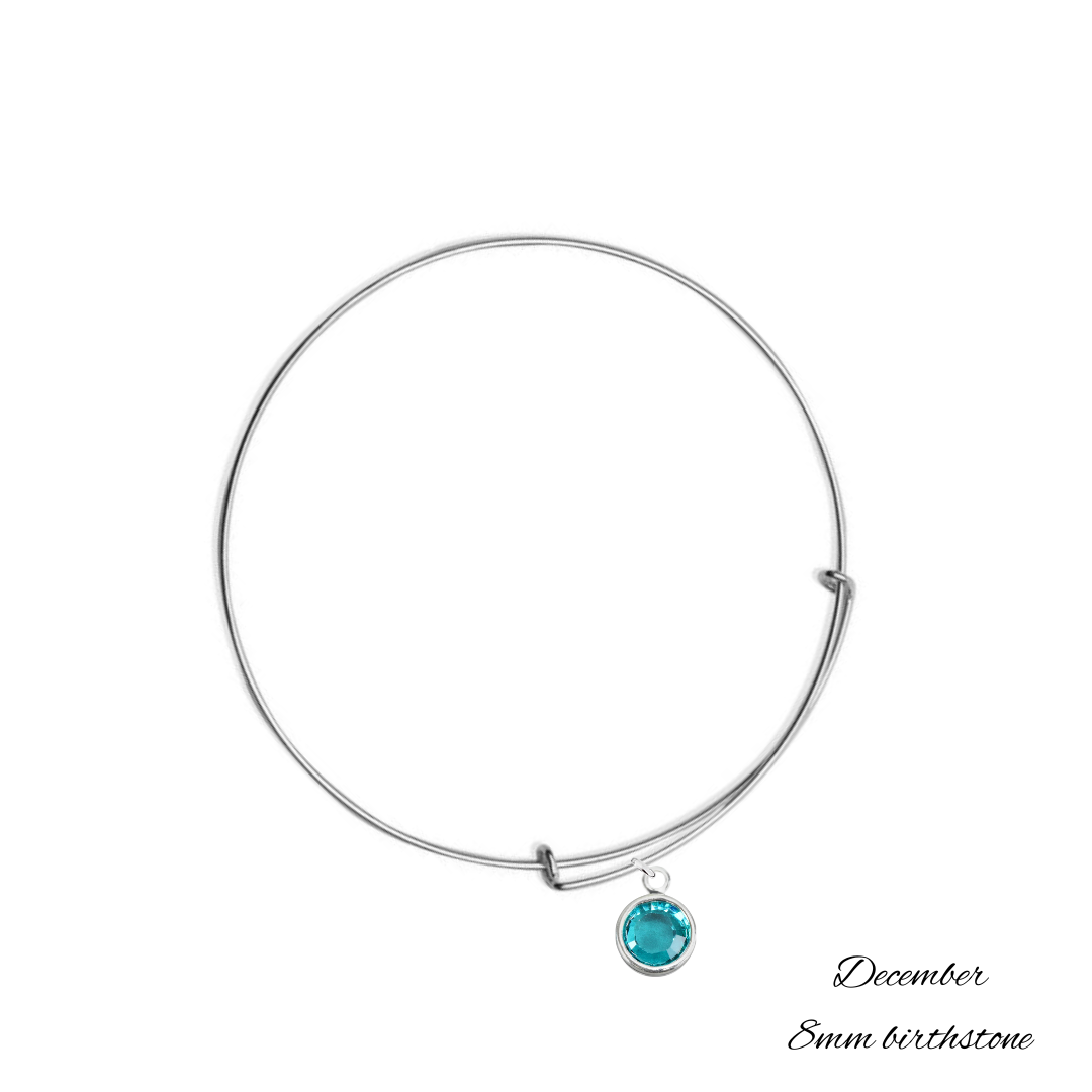 Sterling Silver Bangle Bracelet with December Turquoise Birthstone Crystal, Handmade in Ireland with 8 mm birthstone crystal