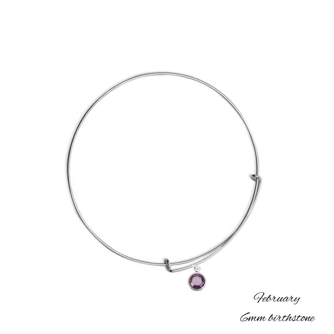 Sterling Silver Bangle Bracelet with February Amethyst Birthstone Crystal, Handmade in Ireland with 6 mm birthstone crystal