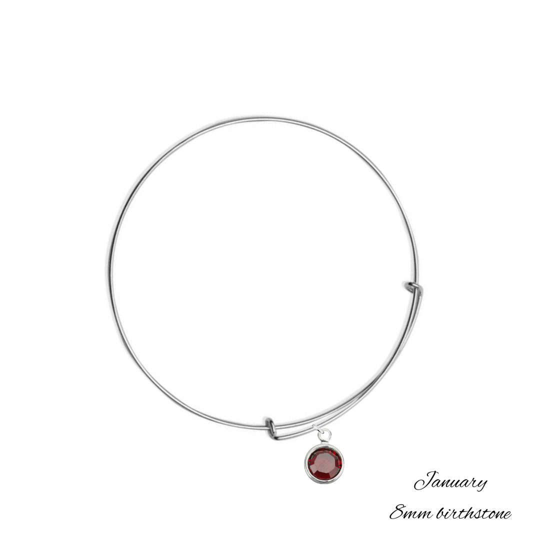 Sterling Silver Bangle Bracelet with January Garnet Birthstone Crystal, Handmade in Ireland with 8 mm birthstone crystal