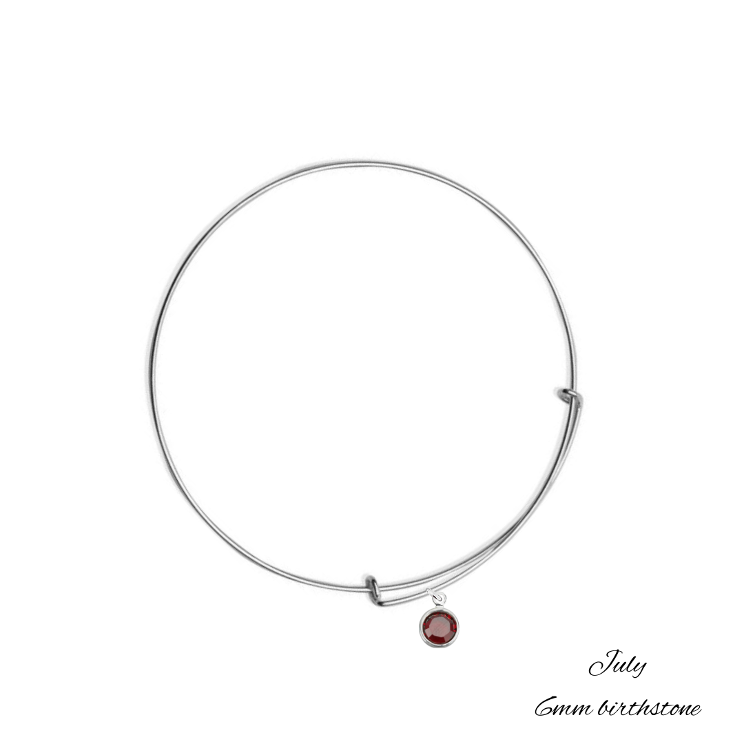 Sterling Silver Bangle Bracelet with July Ruby Birthstone Crystal, Handmade in Ireland with 6 mm birthstone crystal