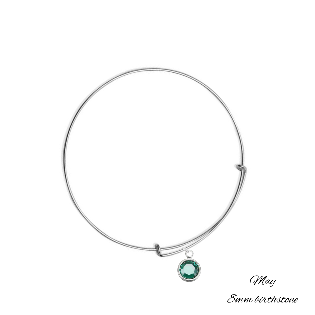 Silver Bangle Bracelet with May Emerald Birthstone Crystal, Handmade in Ireland with 8 mm birthstone crystal