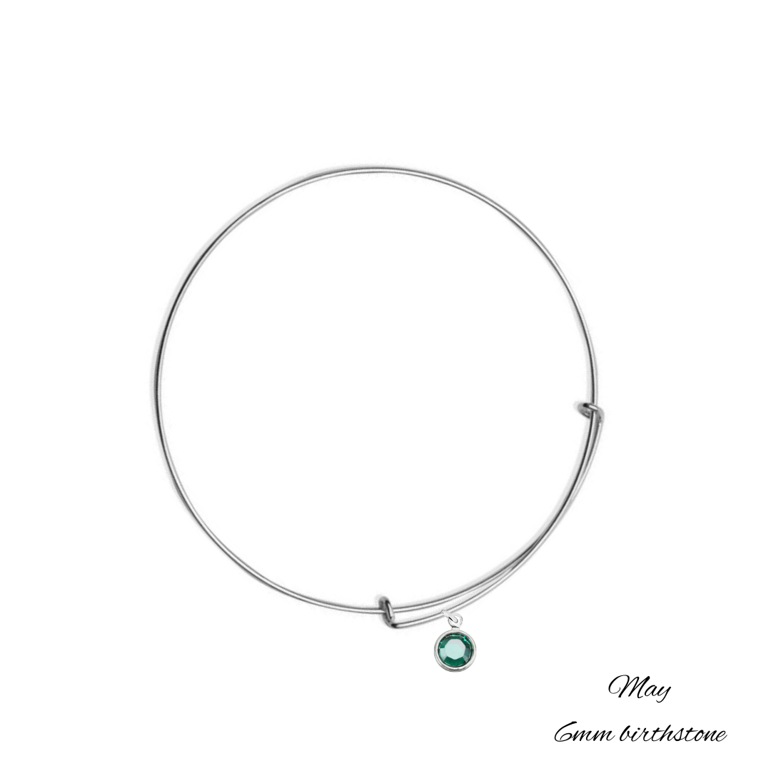 Silver Bangle Bracelet with May Emerald Birthstone Crystal, Handmade in Ireland with 6 mm birthstone crystal