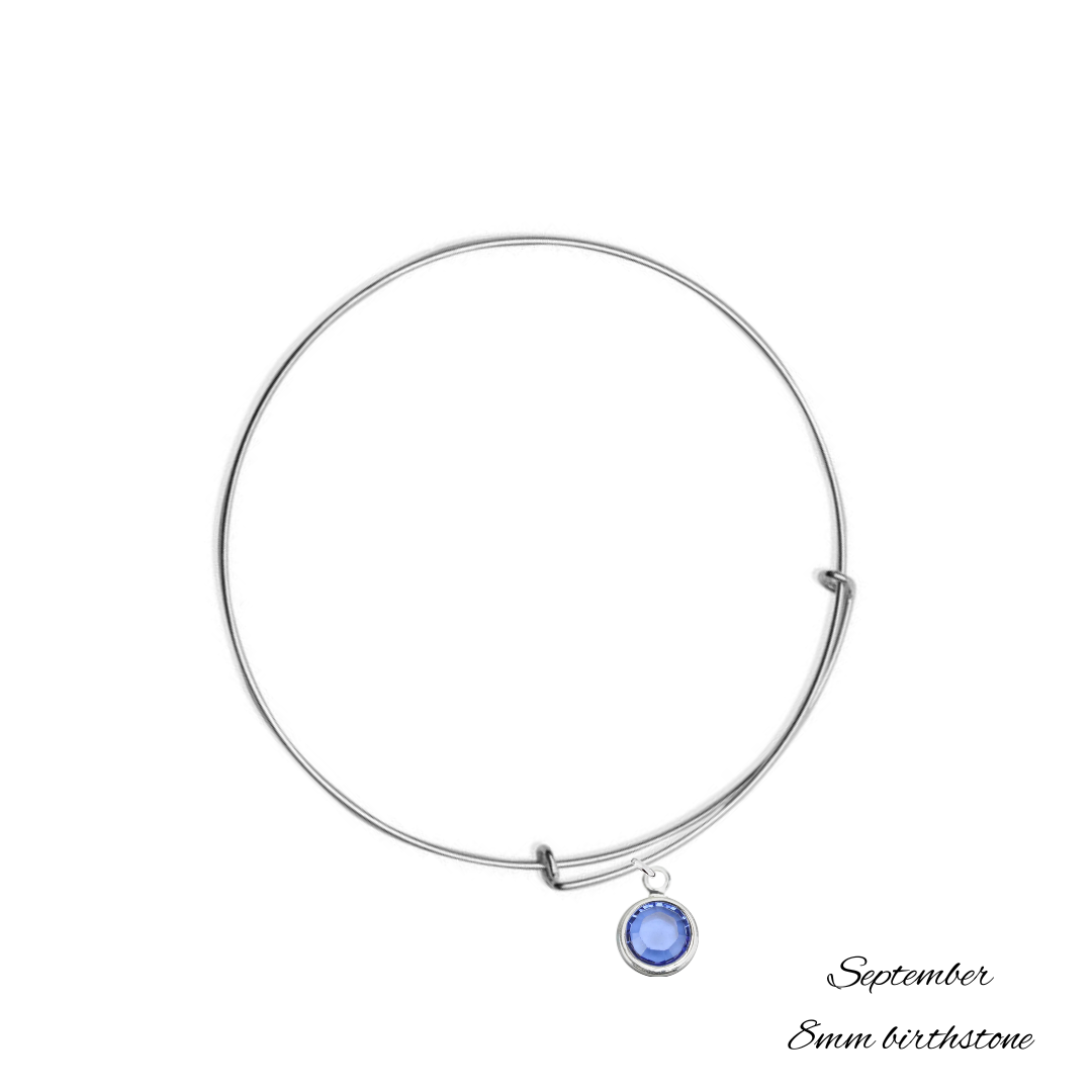 Sterling Silver Bangle Bracelet with September Sapphire Birthstone Crystal, Handmade in Ireland with 8 mm birthstone crystal