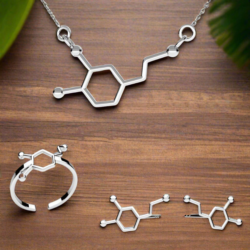 Sterling Silver Dopamine Molecule Jewellery Set with Stud Earrings, Adjustable Ring, and Necklace for Women and Science Lovers