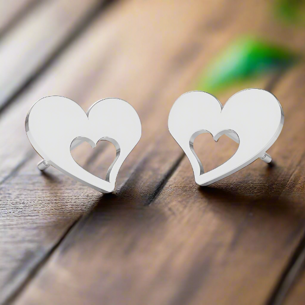 Sterling Silver Heart-In-Heart Stud Earrings with Butterfly Backstops, by Magpie Gems in Ireland, for girls, teens or woman you love