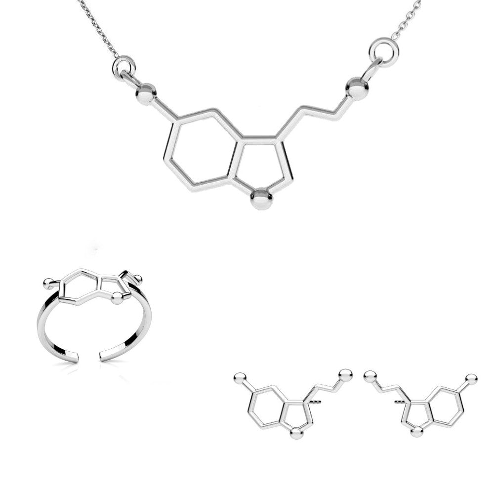 Sterling Silver Serotonin Molecule Jewellery Set with Stud Earrings, Adjustable Ring, and Necklace (horizontal Serotonin Pendant Design)