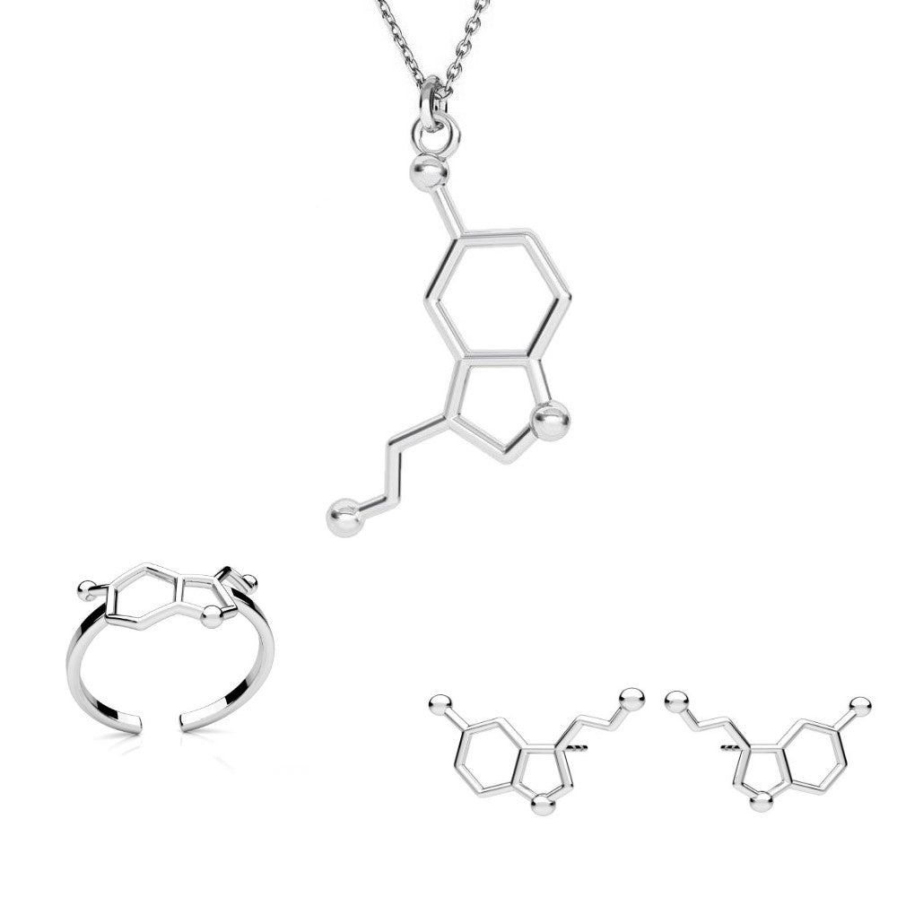 Sterling Silver Serotonin Molecule Jewellery Set with Stud Earrings, Adjustable Ring, and Necklace (Vertical Serotonin Pendant Design)