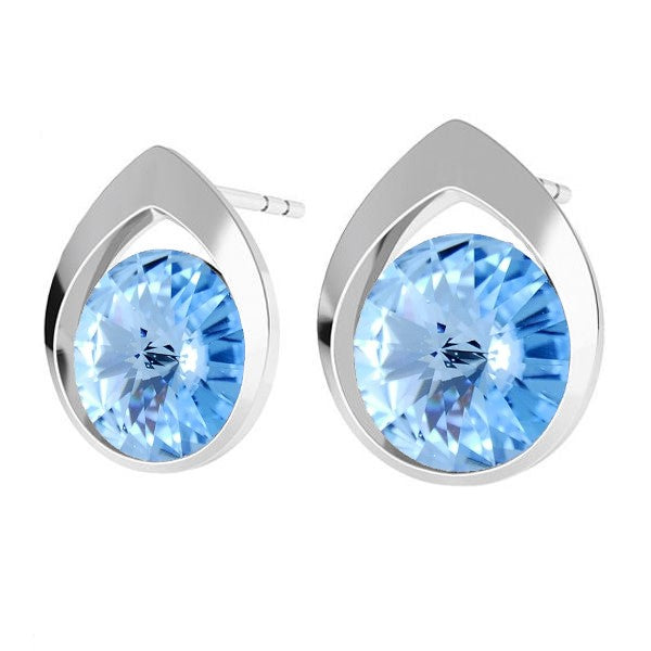 Colorful Teardrop Rivoli Stud Earrings in Sterling Silver with Aquamarine Blue Crystals