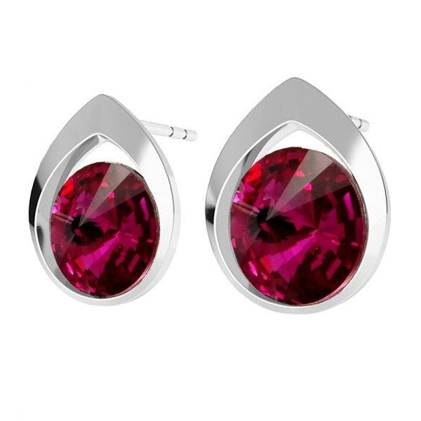 Colorful Teardrop Rivoli Stud Earrings in Sterling Silver with Fuchsia Pink Crystals