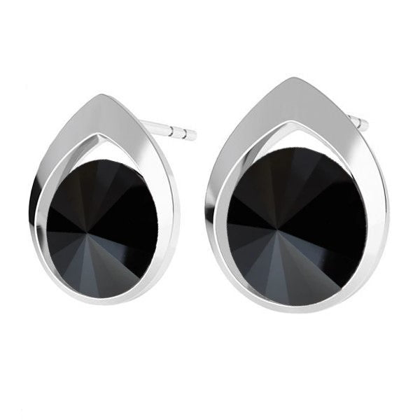 Sterling Silver Teardrop Rivoli Stud Earrings with  Jet Black Crystals