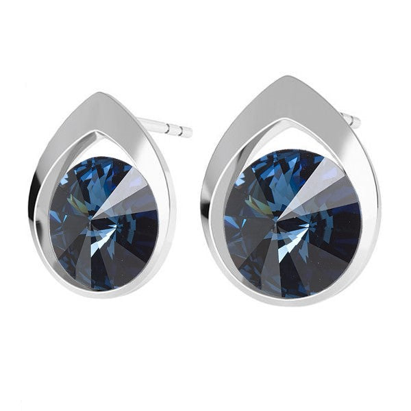 Sterling Silver Teardrop Rivoli Stud Earrings with  Montana Blue Crystals