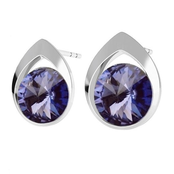 Colorful Teardrop Rivoli Stud Earrings in Sterling Silver with Tanzanite Purple Crystals