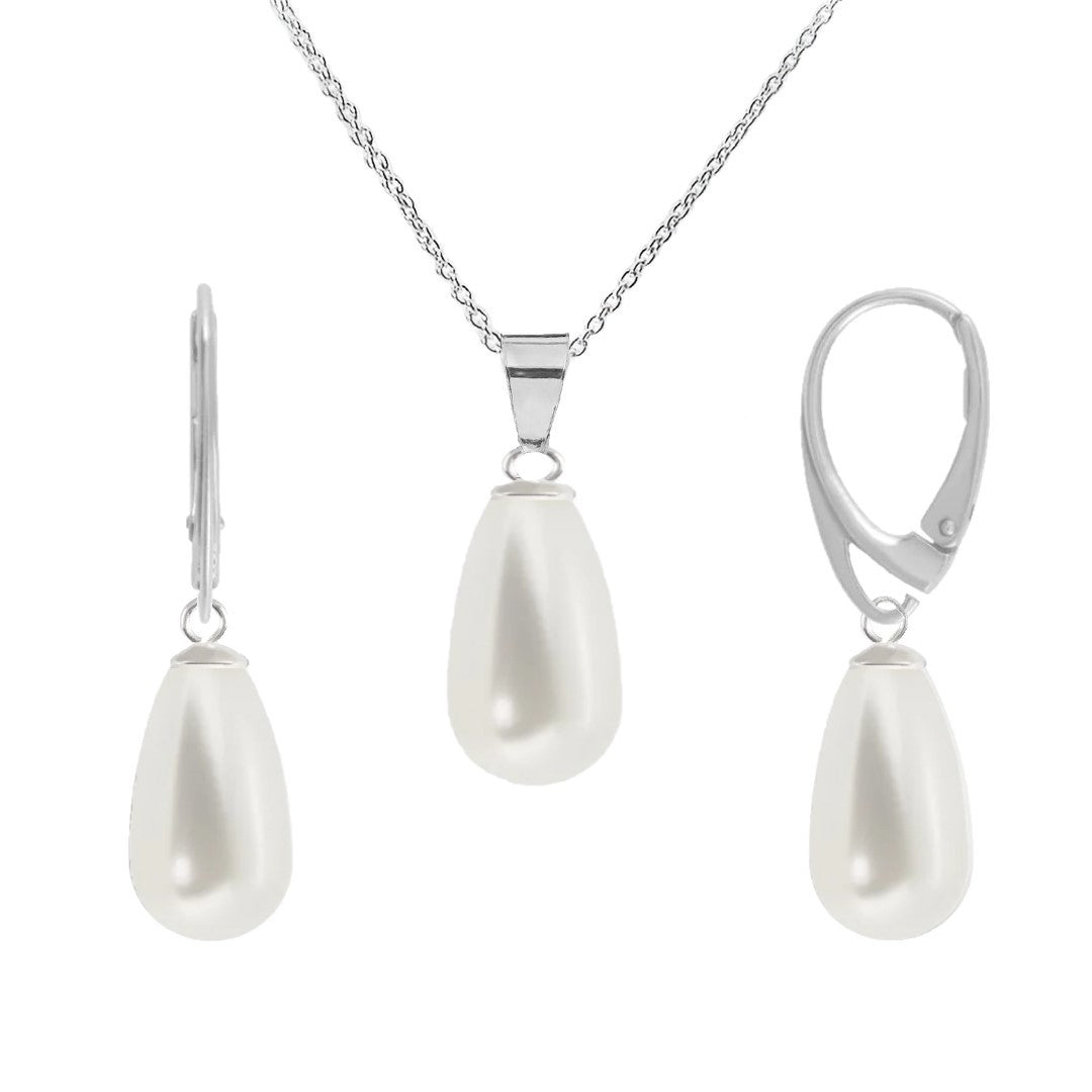 White Teardrop Pearl Necklace and Earrings Set in Sterling Silver for Women, made in Ireland