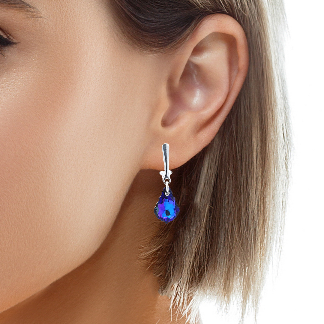 Woman wearing the Heliotrope Baroque Crystal Clip-On Earrings for Non-Pierced Ears