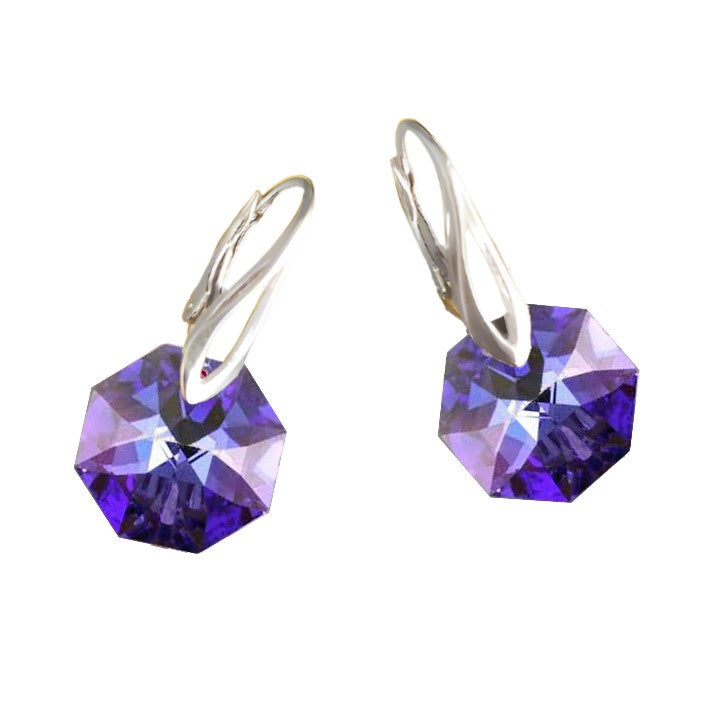 Midnight Elegance Silver Drop Earrings with Blue Violet Austrian Octagon Crystals and Sterling Silver Leverback Hooks for Women