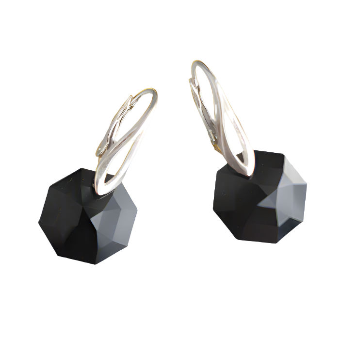 Midnight Elegance Silver Drop Earrings with Jet Black Austrian Octagon Crystals and Sterling Silver Leverback Hooks for Women