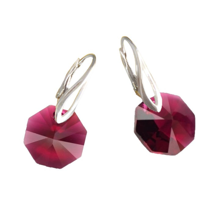 Midnight Elegance Silver Drop Earrings with Ruby Red Austrian Octagon Crystals and Sterling Silver Leverback Hooks for Women