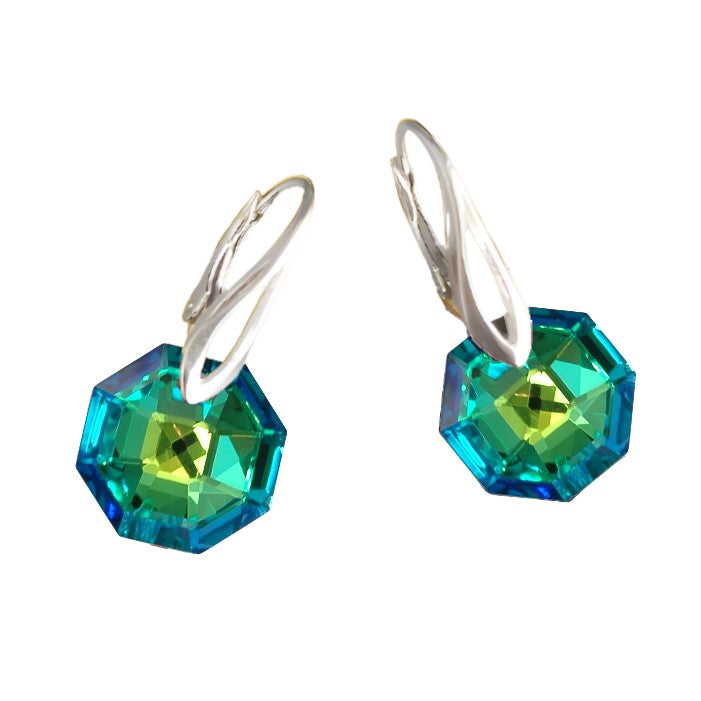 Midnight Elegance Silver Drop Earrings with Sahara Green Austrian Octagon Crystals and Sterling Silver Leverback Hooks for Women