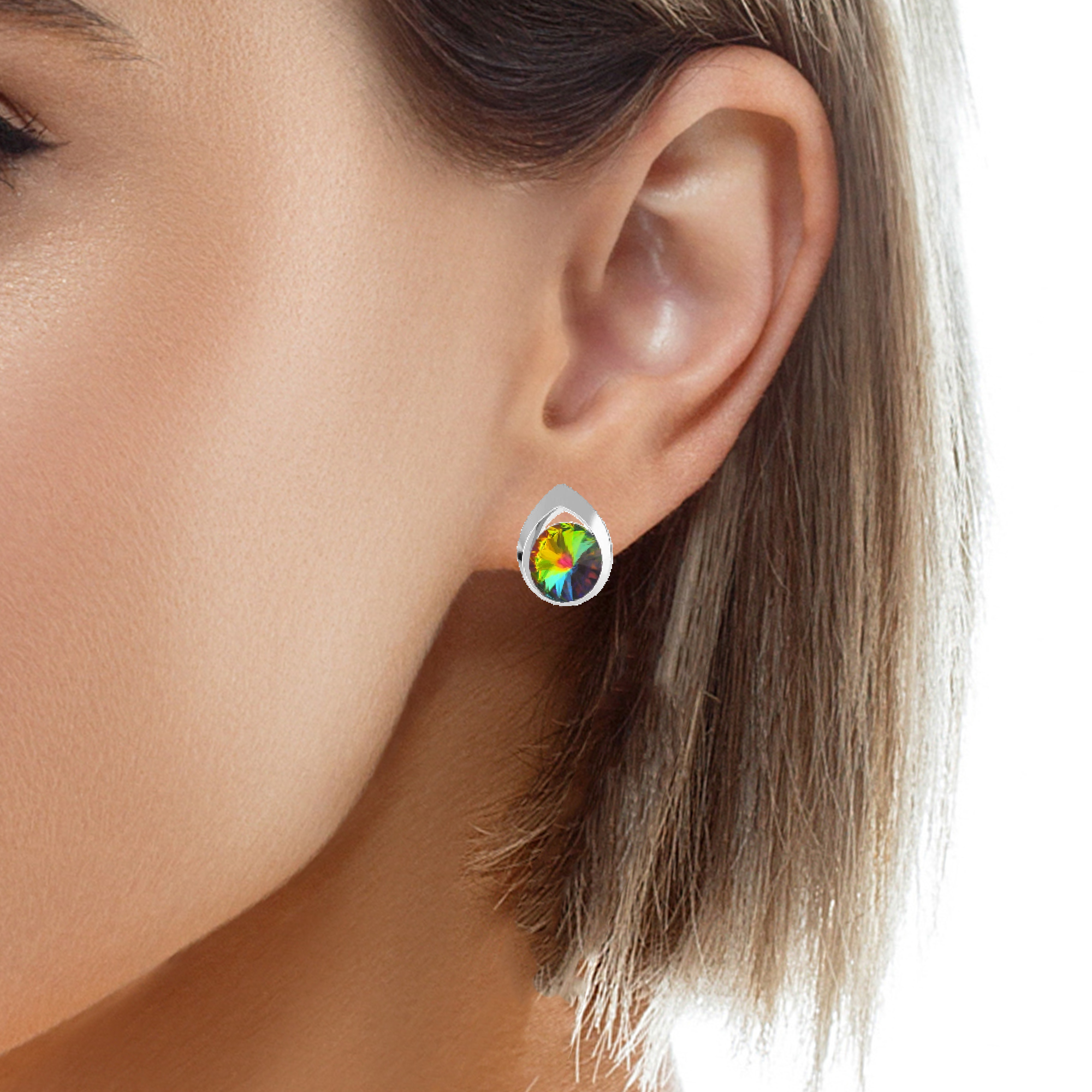 Woman Wearing the Sterling Silver Teardrop Rivoli Stud Earrings with Vitrail Medium Crystal