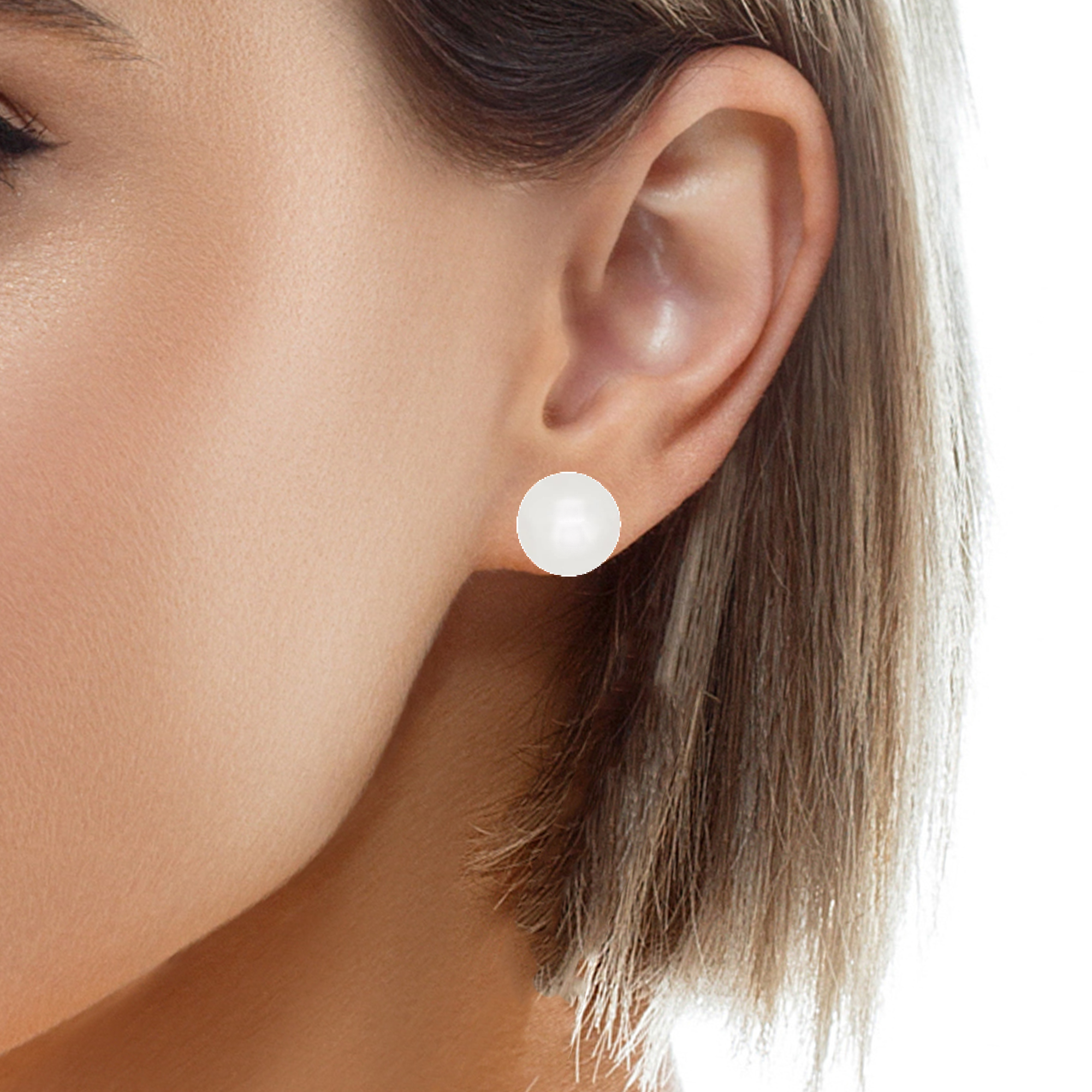 Female Model Wearing White Crystal Pearl Stud Earrings for Women by Magpie Gems in Ireland