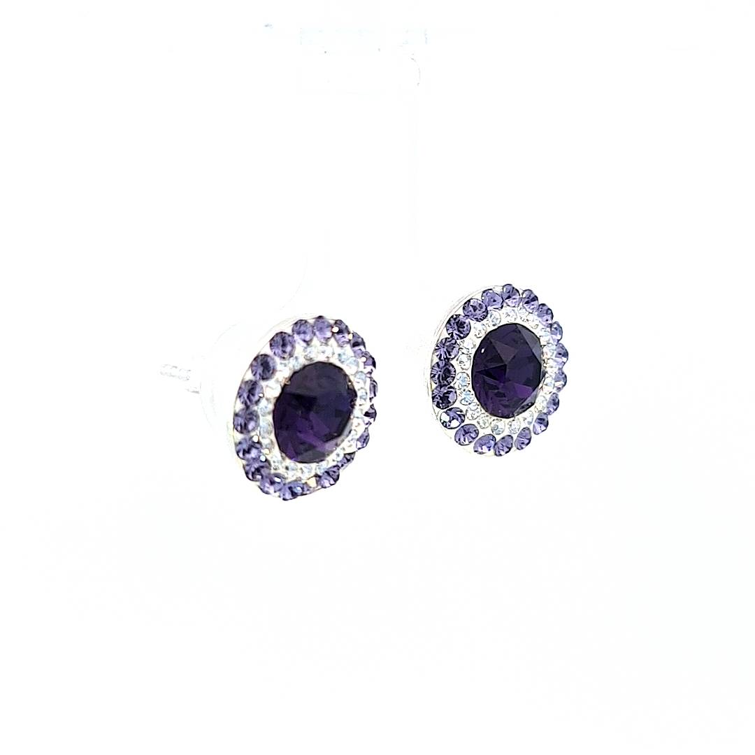 Side View of Double Halo Stud Earrings in Sterling Silver with Deep Purple Crystals