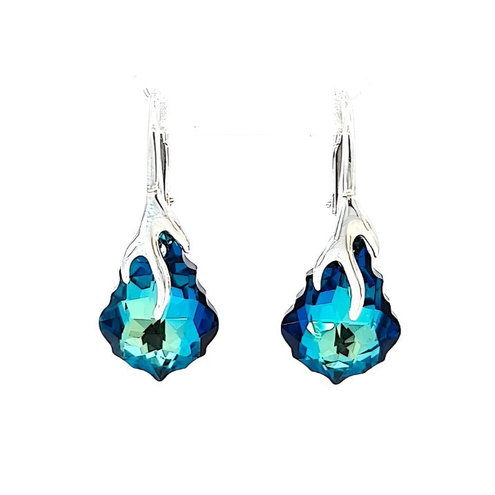 Irish Hand-Finished Sterling Silver Baroque Drop Earrings with Bermuda Blue Crystal Drop