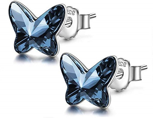 Little Miss Butterfly Women's Stud Earrings in Sterling Silver with Denim Blue Austrian Crystals