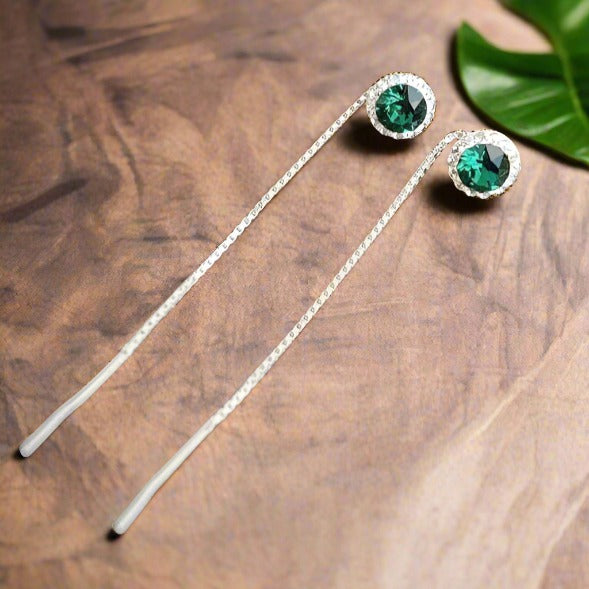 Dazzling Daisy Threader Earrings in Sterling Silver with Emerald Green Crystals and Moonlight Halo