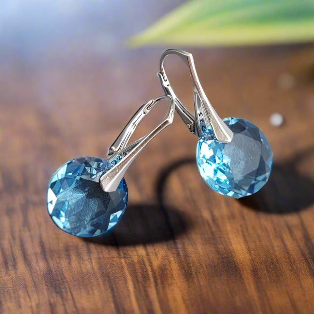Round Birthstone Crystal Sterling Silver Drop Earrings with Aquamarine Crystals for Pisces or  March Birthstone Gifts