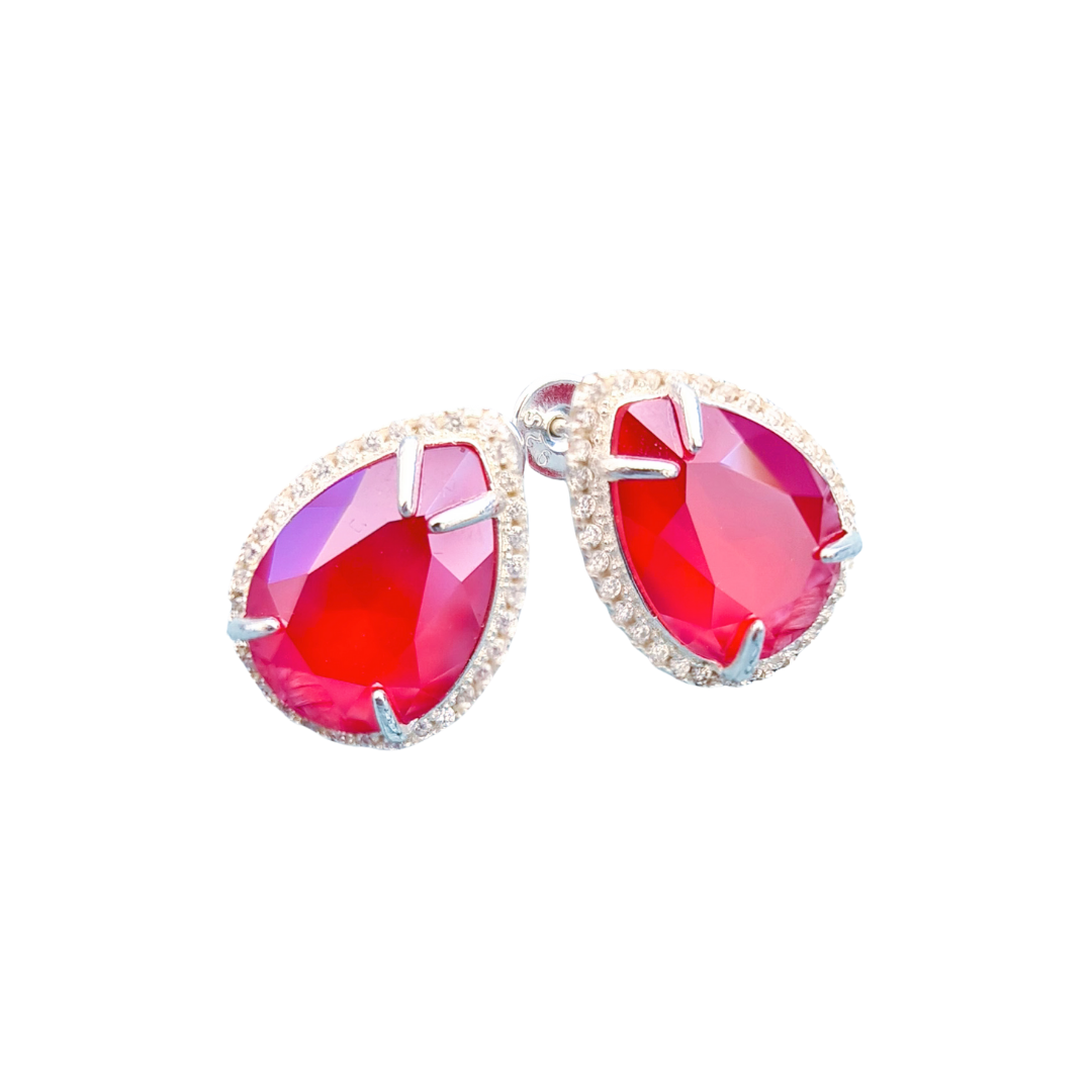 Dazzling Pear Stud Earrings in Sterling Silver with Large Royal Red and Crystal Halo