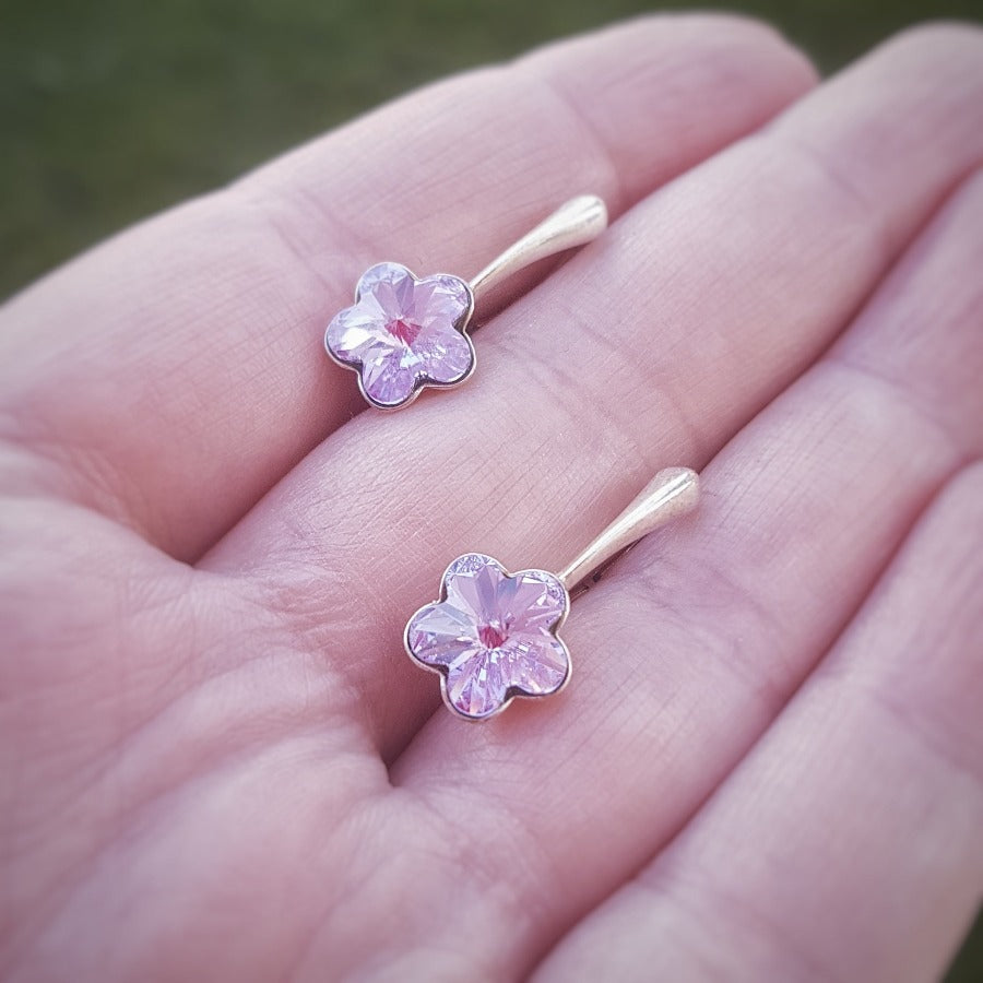 Little Miss Flower Crystal Drop Earrings in Violet coloured Austrian Crystals by Magpie Gems in Ireland.