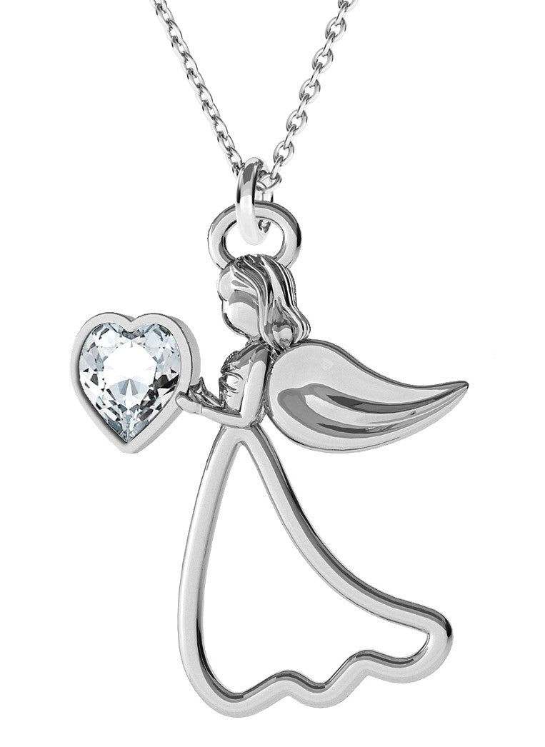 Protect My Heart Sterling Silver Angel Necklace with Personalised Crystal Clear Diamond Birthstone for April Birthdays