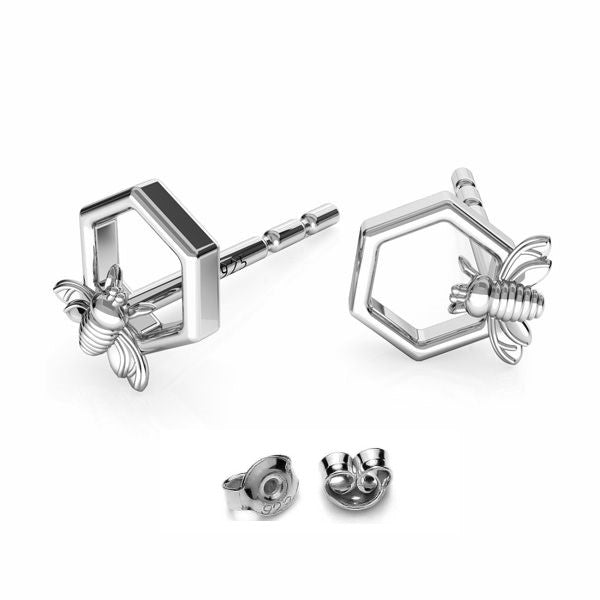 Magpie Gems' Bee Honeycomb Silver Stud Earrings in Sterling Silver Shop in Ireland