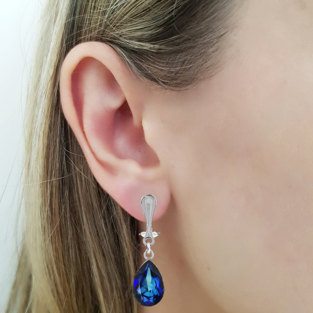 Bermuda Blue Clip-On Teardrop Earrings in Sterling Silver for women, by Magpie Gems in Ireland