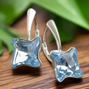 Silver Earring with Aquamarine Blue crystal stone, with Leverback, gift boxed, made in Ireland Cork