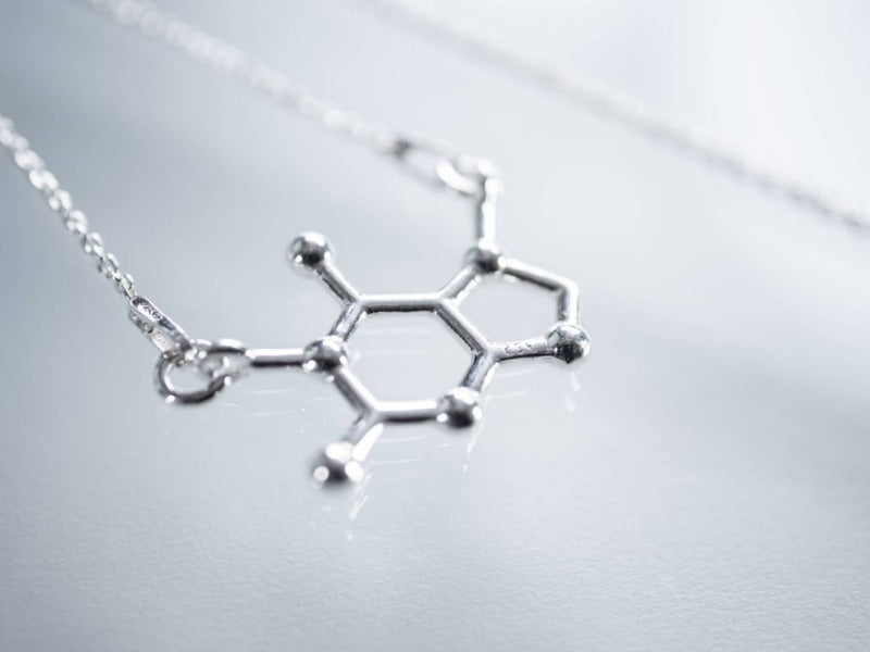 Close-up of Chocolate Molecule Charm Necklace in Sterling Silver