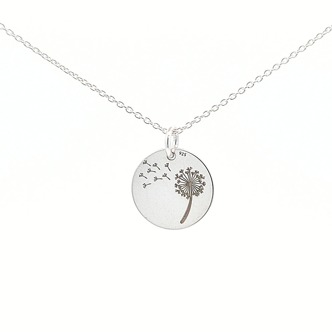 Close-up of Engraved Dandelion Pendant in Sterling Silver