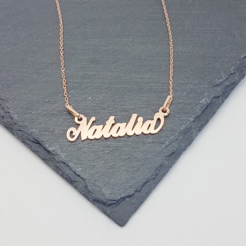 Close-up of 'Natalia' Name Pendant Necklace in 18k Rose Gold over 925 Sterling Silver for Girls, Teens or Adults