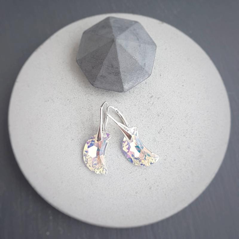 Crescent Moon Crystal Drop Earrings in Sterling Silver with Aurora Borealis Effect
