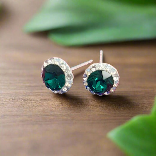 Irish Hand-Finished Sterling Silver Halo Stud Earrings with Emerald Green Crystal