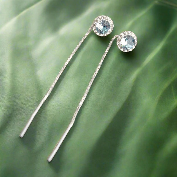 Dazzling Daisy Threader Earrings in Sterling Silver with Aquamarine Blue Crystals and Moonlight Halo