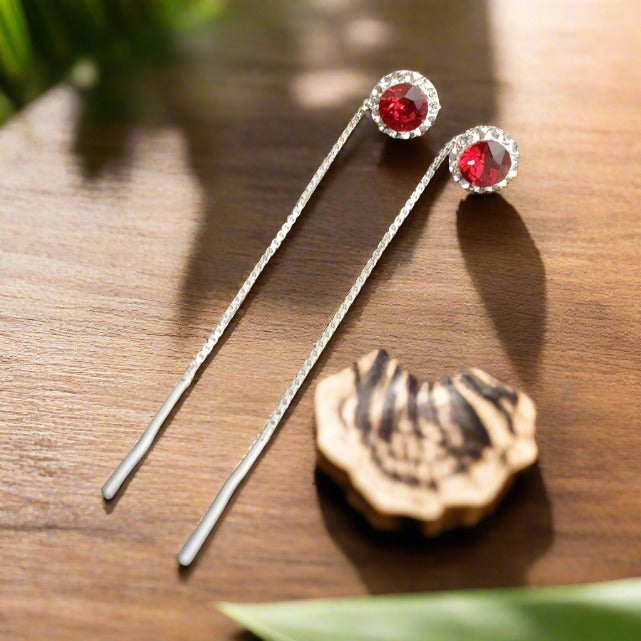 Dazzling Daisy Threader Earrings in Sterling Silver with Red Crystals and Moonlight Halo