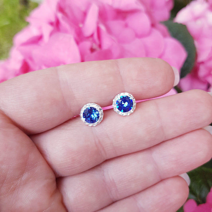Dazzling Daisy Threader Earrings in Sterling Silver with Sapphire Blue Crystals and Moonlight Halo